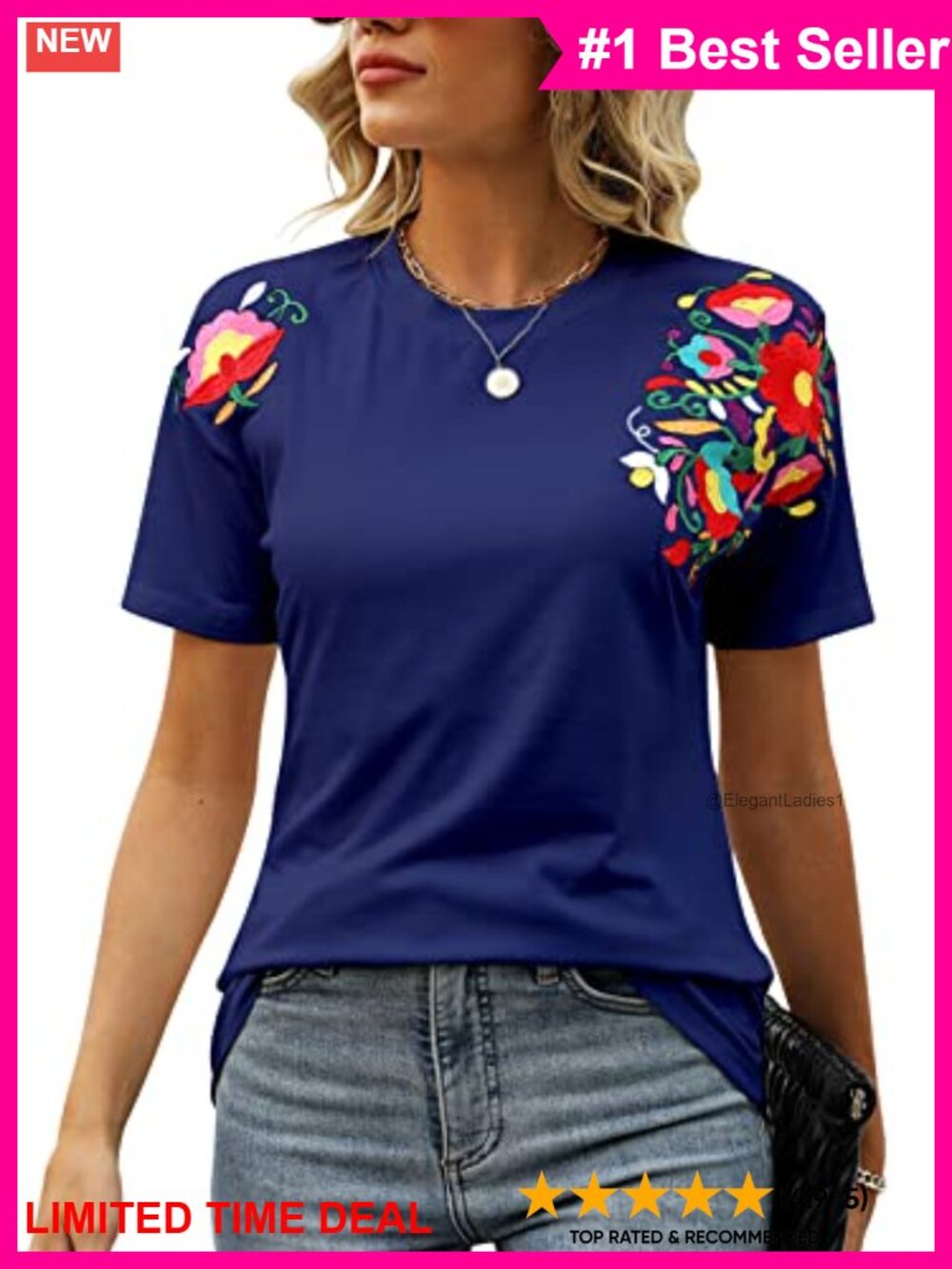 Embroidered Mexican Floral Tunic Top Short Sleeve Round Neck Blouse